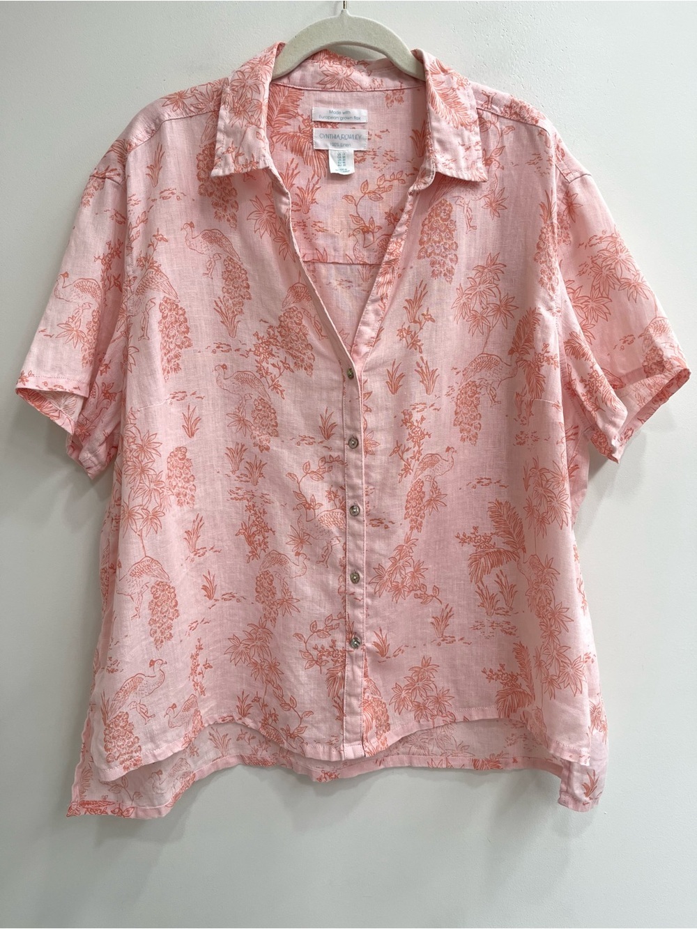 Cynthia Rowley button up blouse top women peach pink bird palm tree short 1X